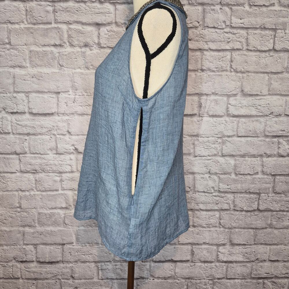 Anthropologie Maeve Chambray Blouse Sleeveless Beaded Peter Pan Collar Top Sz L - Picture 6 of 10